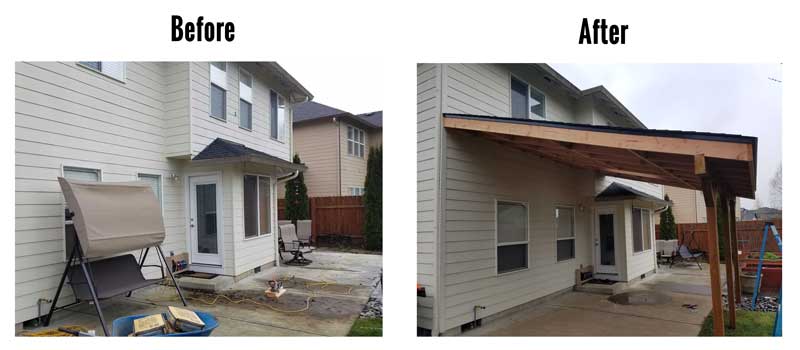 Before and After Patio Cover Construction at Master Roofing Inc in Vancouver WA and Battle Ground WA